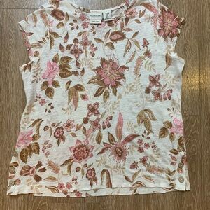 Floral Print 100% Linen Short Sleeve Top Sz Medium